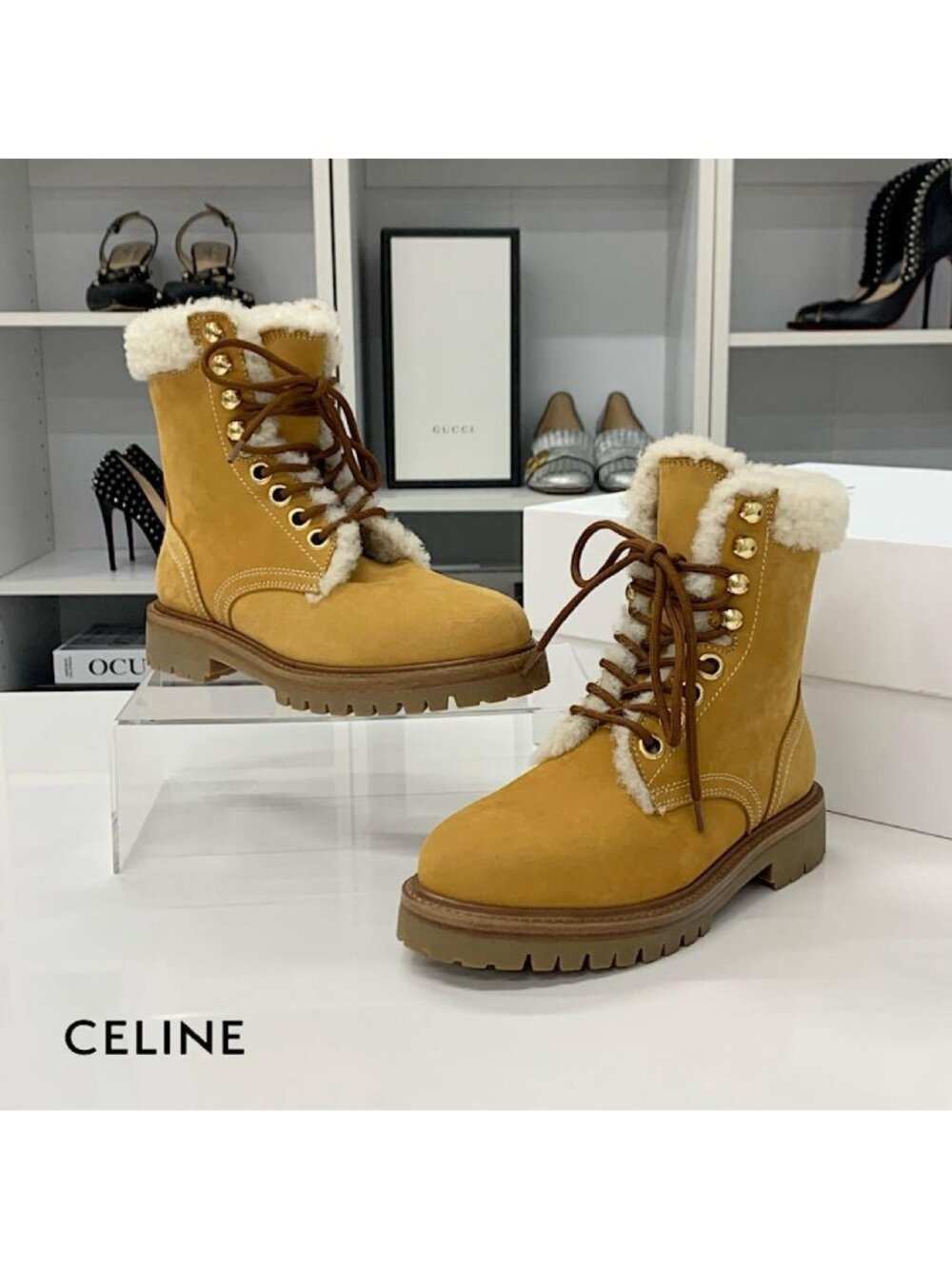 Celine Kurt Nubuck Shearling Lace-up Short Boots Brown